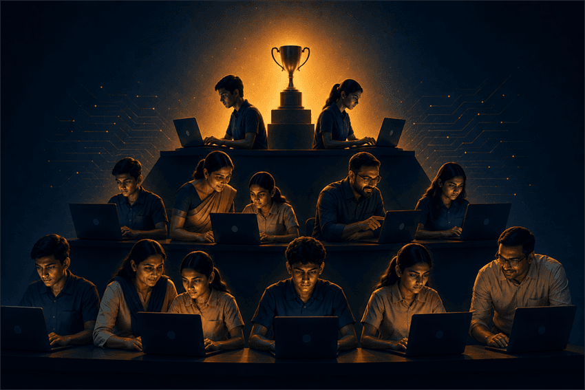 Students and teachers competing at laptops in the National Humain AI Olympiad